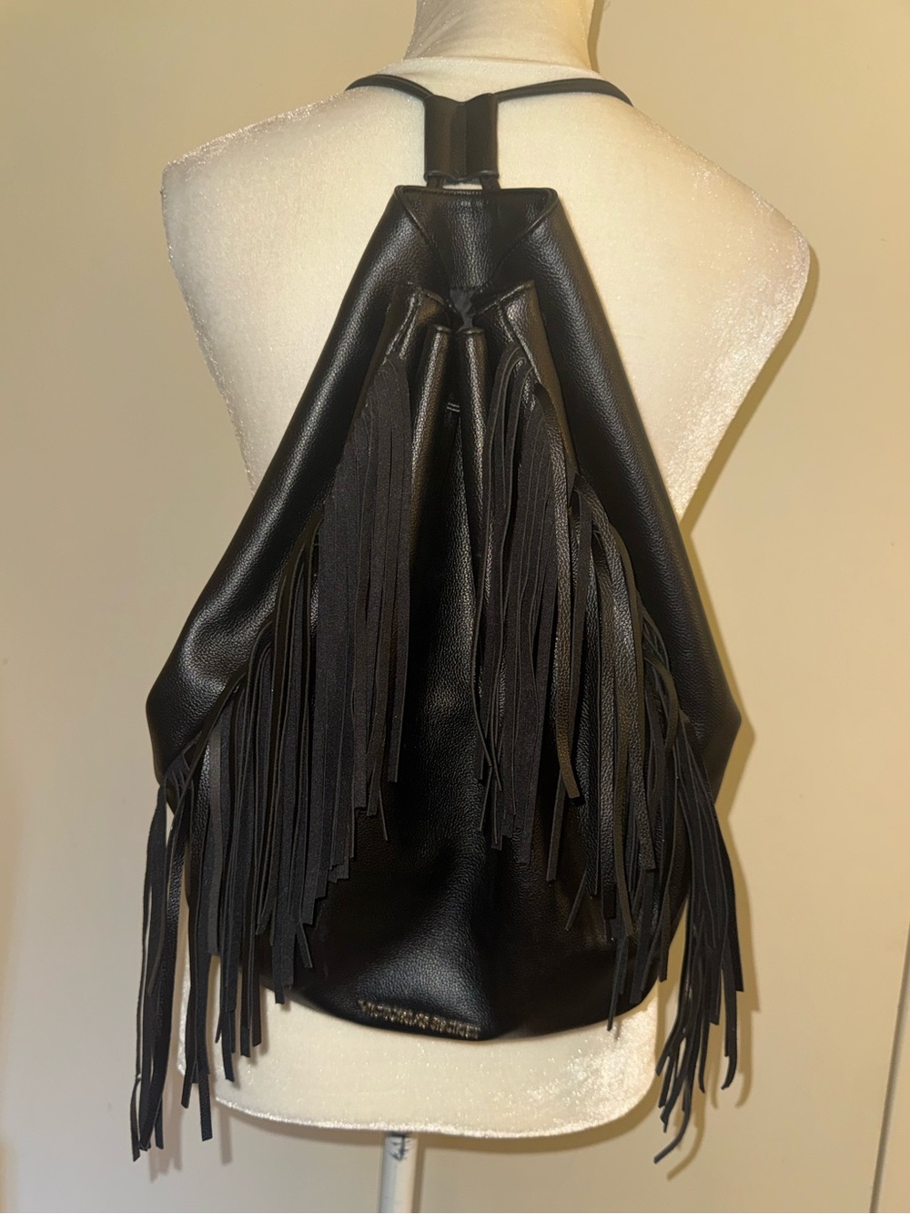 Victoria's Secret Black Faux Leather Fringe Drawstring Boho Bag - Picture 3 of 16
